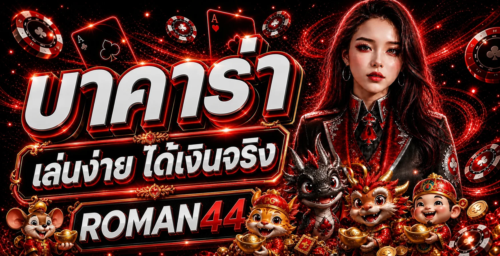 ROMAN44 คาสิโนออนไลน์และบาคาร่าโทนแดงดำพร้อมตัวละคร PG